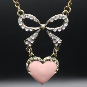 Pink Heart Crystal Bow Necklace NWT